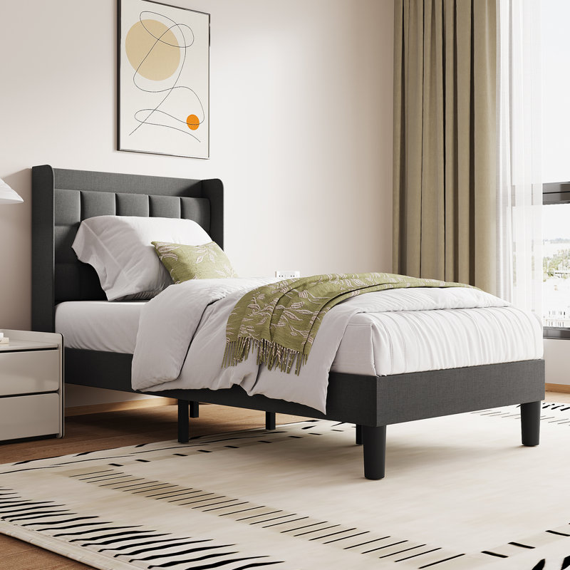 Linen fabric soft bed frame with USB charging port, Single (3'), Grey