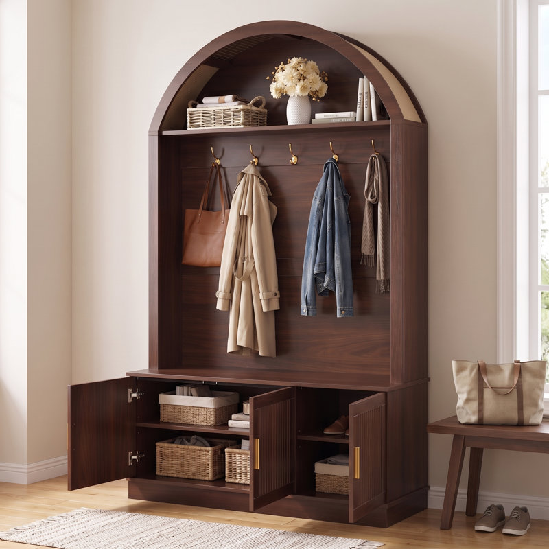 Arched Hall Tree With Fluted Storage Bench, Walnut
