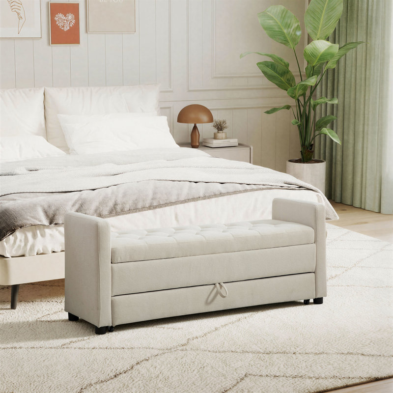 Banc de rangement moderne rembourré, lit de jour capitonné en tissu avec double espace de rangement, Beige
