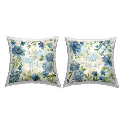 Trust Be Still Blue Hydrangea Printed Outdoor Throw Pillow Design by Katrina Craven (Set of 2)