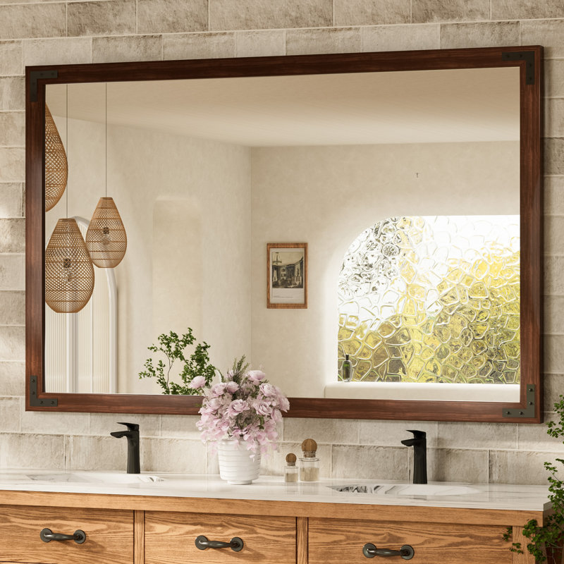 Gwenneth Rectangle Wood Mirror for Bathroom, Solid Pine Wood, 55" x 36", Brown