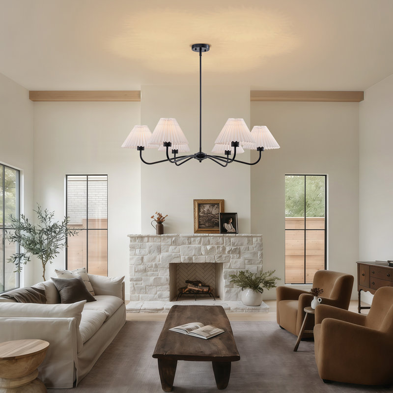 6-light Chandelier With Pleated Fabric Shades, Matte Black