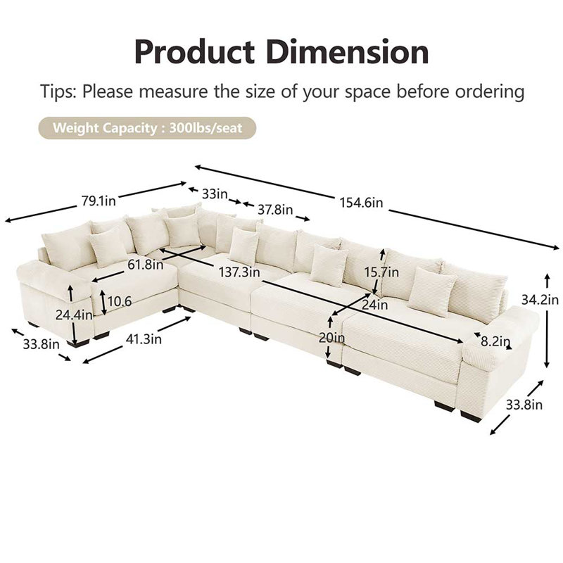 Sectional Couch, Cream Corduroy