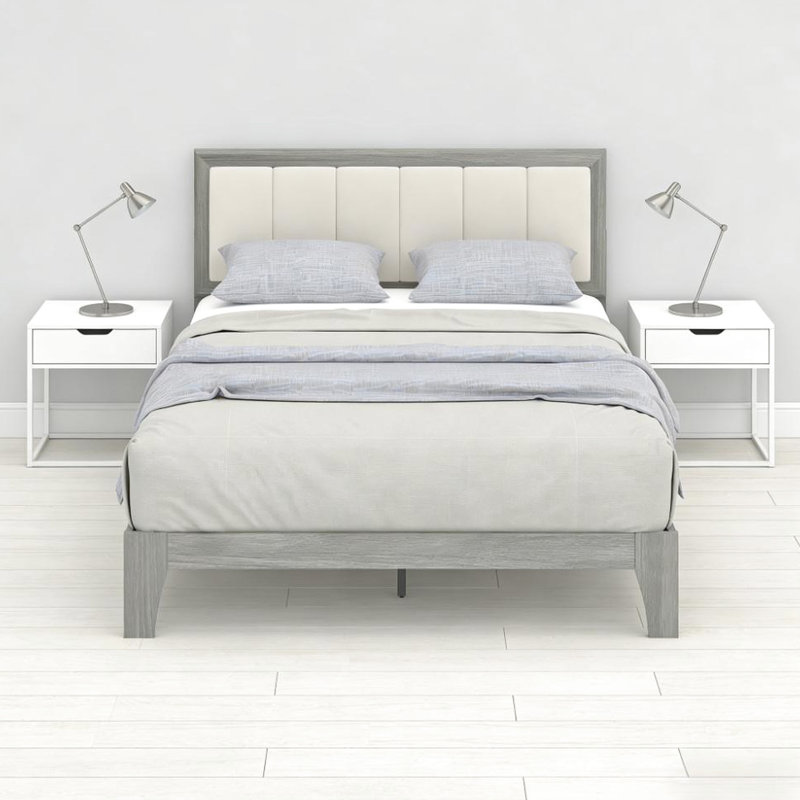 Structure de grand lit avec grain de bois élégant et tête de lit confortable et relaxante, 10 pieds, sans sommier, assemblage simple, 6,7 pouces sous le lit, support beige facile