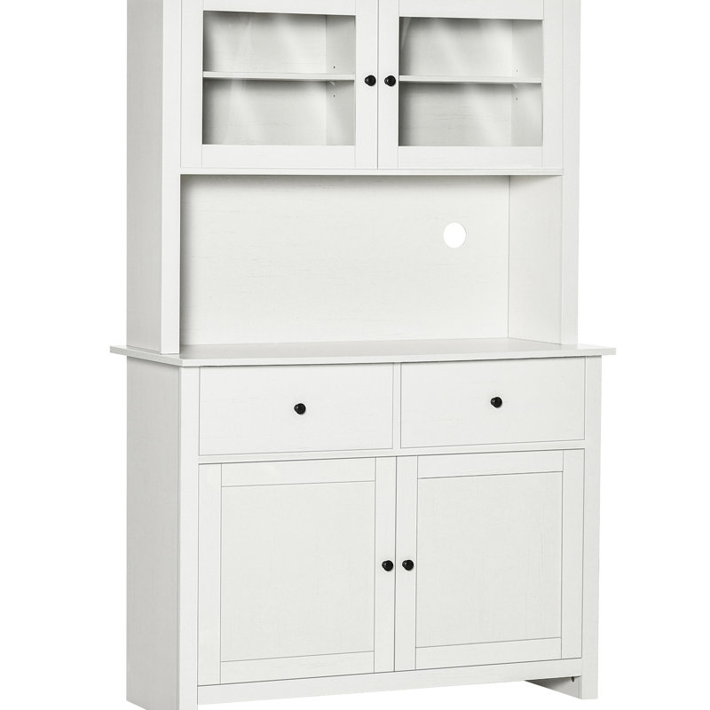 63.5" Kitchen Pantry With . Antique White Storage. 4 Shelves, Drawers, Glass Doors. Holds Dishes, Pots, Cookbooks. Open For Microwave. Rustic Theme. Feature. Assembly Required Storage Cabinet Pantry.