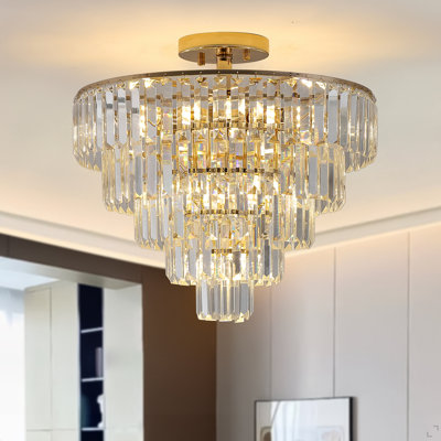 Lustres en cristal dorés, lustre semi-encastré rond à 5 niveaux, grand éclairage de plafond contemporain de luxe pour le salon, la salle à manger, le couloir