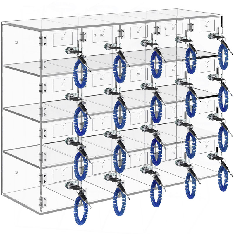 Casier de rangement pour téléphone cellulaire, matériau acrylique à 20 fentes avec serrures de porte et clés, boîte de gym pour salle de classe avec rangement mural, transparent