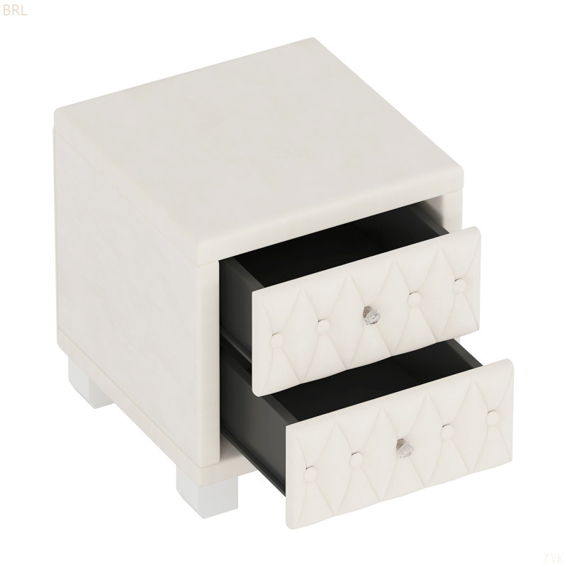 Élégante table de chevet en velours avec 2 tiroirs et poignée en cristal, table de chevet avec capitonnage, Beige