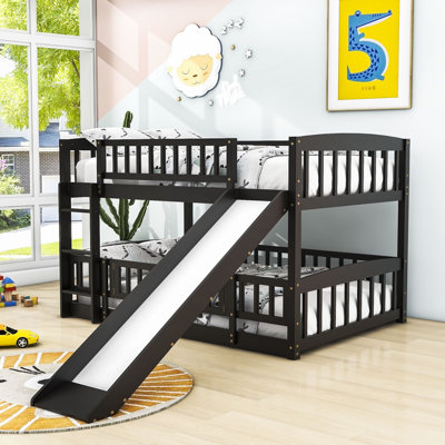 Full Over Full Wood Bunk Bed With Slide And Fence