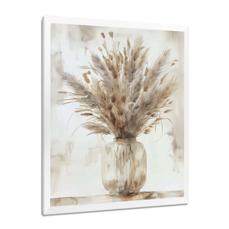 Beige blanc Boho Plant Chic I - Boho Feather Wall Art Living Room, Cadre simple blanc, H 24 po x l 32 po