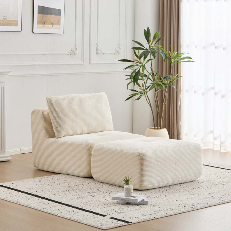 Fauteuil d'appoint en velours côtelé avec repose-pieds en velours côtelé, Beige