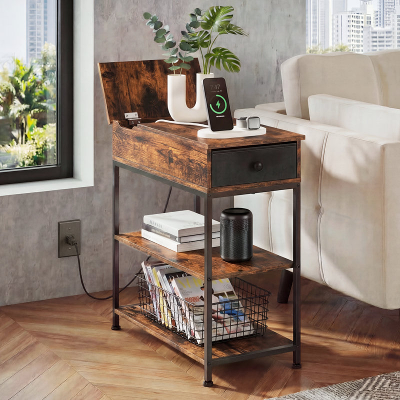 Reggis 24'' End Table with Power Outlets & USB, Side Table with Drawer and 2 Shelves, Farmhouse Side Table for Small Spaces, End Table With Drawer For Living Room, Bedroom