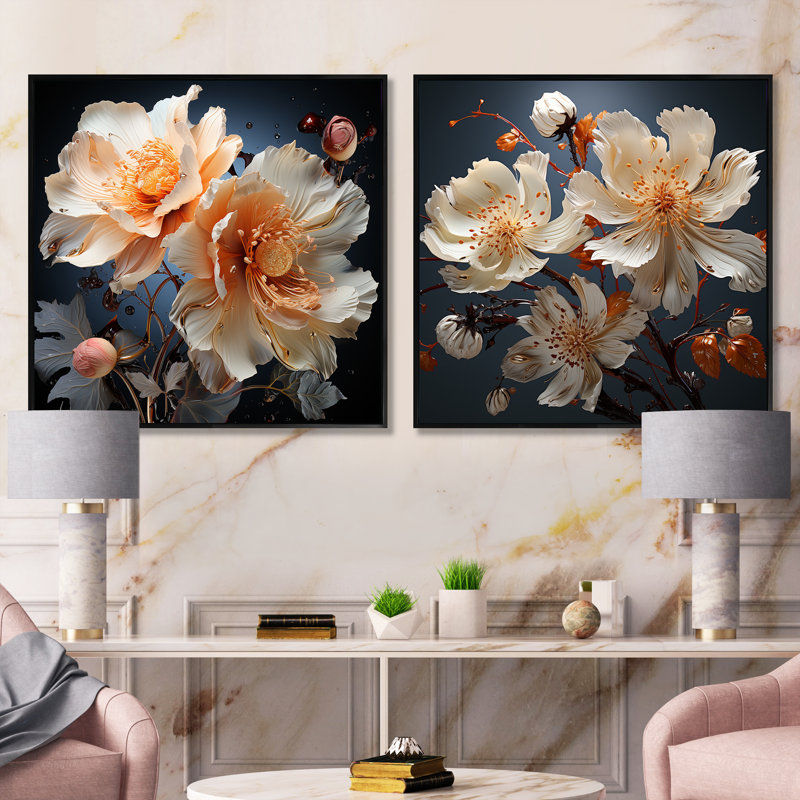 Ensemble de 2 collages carrés Hibiscus, Cadre flottant noir, H 16 po x l 33 po