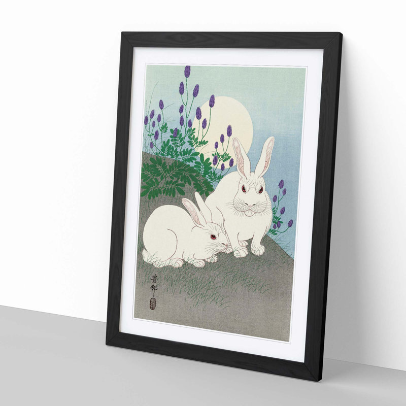 Rabbits at Full Moon by Ohara Koson - Picture Frame Painting Print, 91cm H x 60cm W x 2cm D, Black