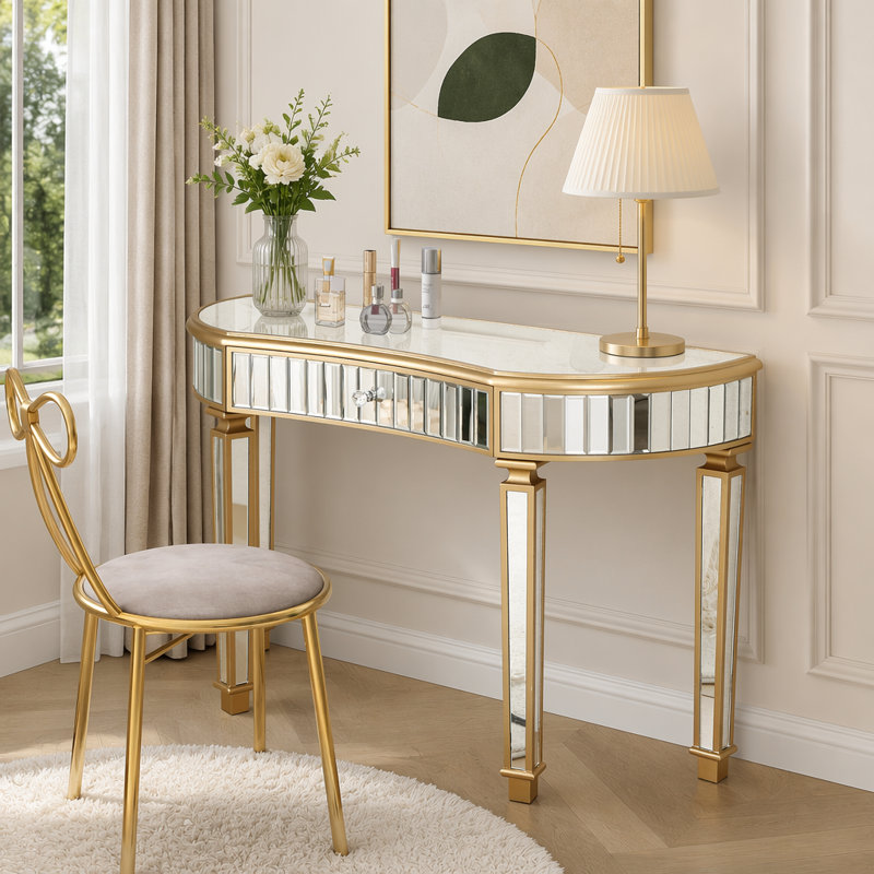 Console à miroir demi-lune 47 po avec tiroir en verre cannelé et poignée en cristal, Golden
