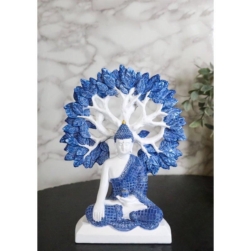 Figurine de Bouddha méditant avec arbre de vie bleu et blanc Gautama Bouddha H 9,5 po