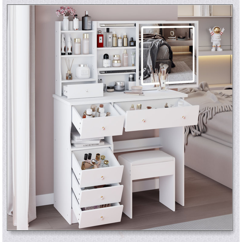 37-Inch Middle Size Vanity Table With Left Drawer, Cushioned Stool, Tri-Color LED Mirror, And High Capacity Storage For Spacious Bedrooms