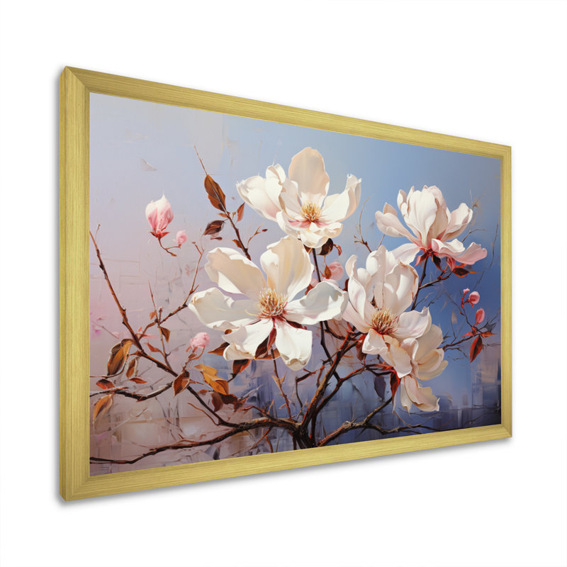 " White Blue Magnolias Romantic Impression ", H 34 po x l 44 po x P 1,5 po, Cadre doré à une seule photo