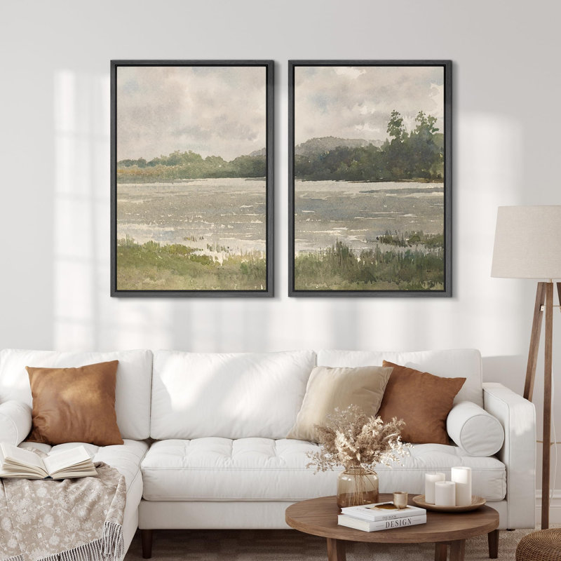 «Quiet Lakeside Morning Peaceful Nature Scene», 2 pièces sur toile, Noir, H 24 po x l 32 po