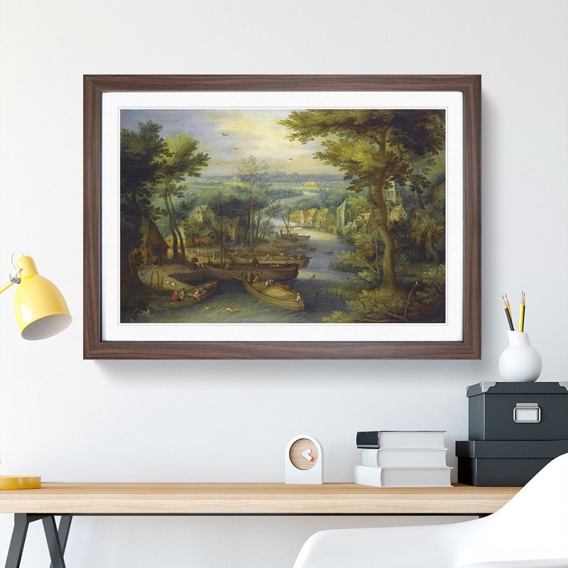 River Landscape by Pieter Bruegel the Elder - Picture Frame Painting, 48cm H x 65cm W x 2cm D, Walnut Framed