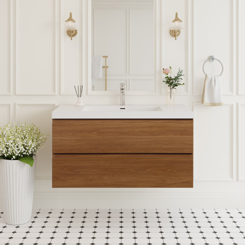 Meuble-lavabo mural de style médiéval flottant en noyer de 42 po entièrement assemblé