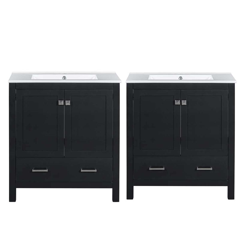Ensemble de meuble-lavabo 60 po avec lavabos doubles en céramique (séparés), armoire avec tablette de rangement et tiroirs divisés