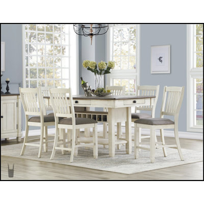 Ensemble de salle à manger à hauteur de comptoir blanc antique et brun rosé avec rangement, étagère de présentation, tiroirs, porte-bouteilles et 6 chaises