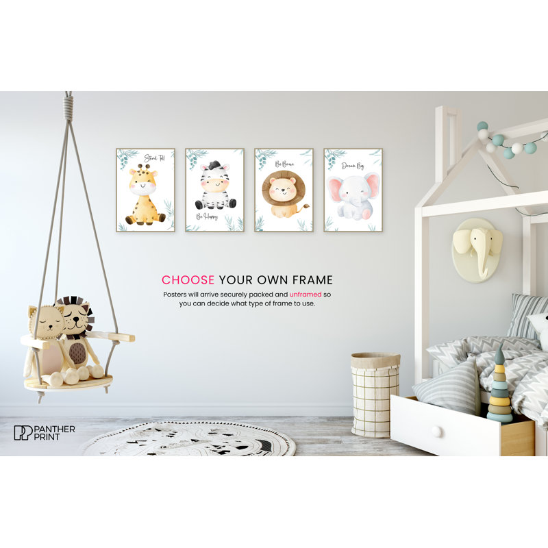 Safari Elephant, Giraffe, Lion, And Zebra - 4 Piece No Frame Print Set, 42cm H x 29.7cm W