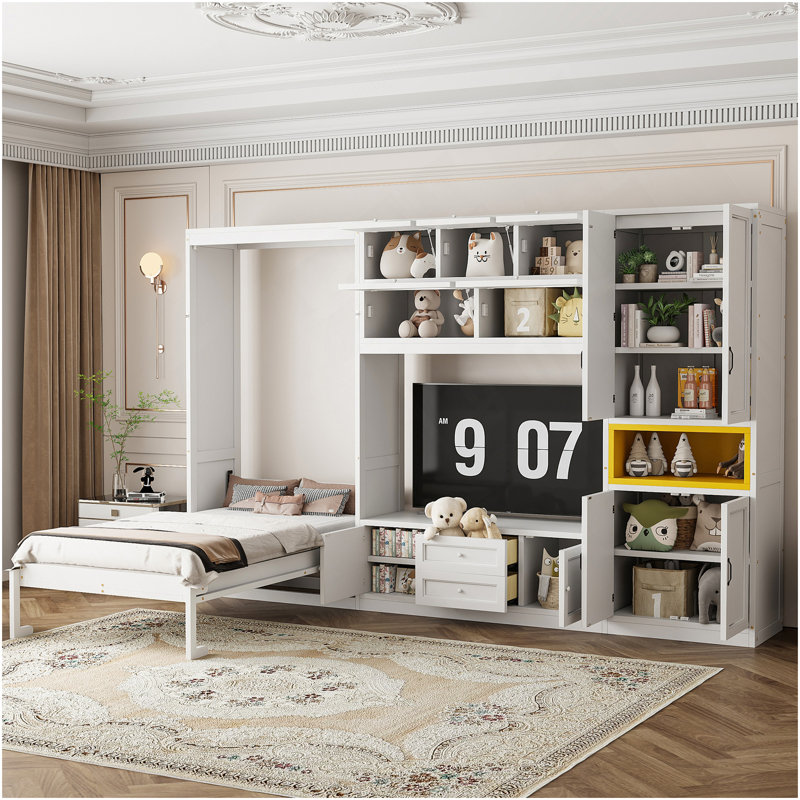 Lit escamotable simple en bois avec meuble télé, 2 tiroirs, tablettes et armoires, blanc, Blanc