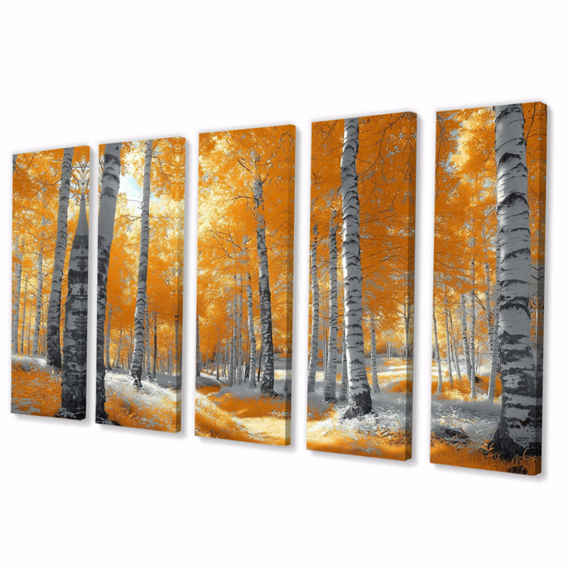 «Autumn Birch Trees Forest Path Panorama II», ensemble d'art mural forêt, H 28 po x l 60 po