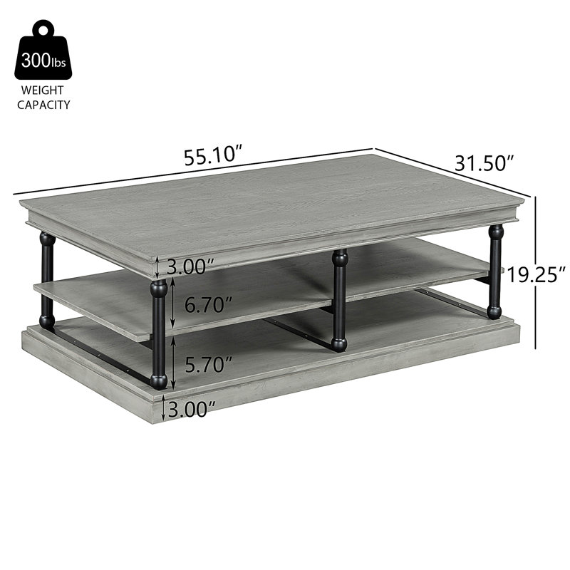 Alfonso Coffee Table With Wooden Legs & 2 Open Shelves, Gray