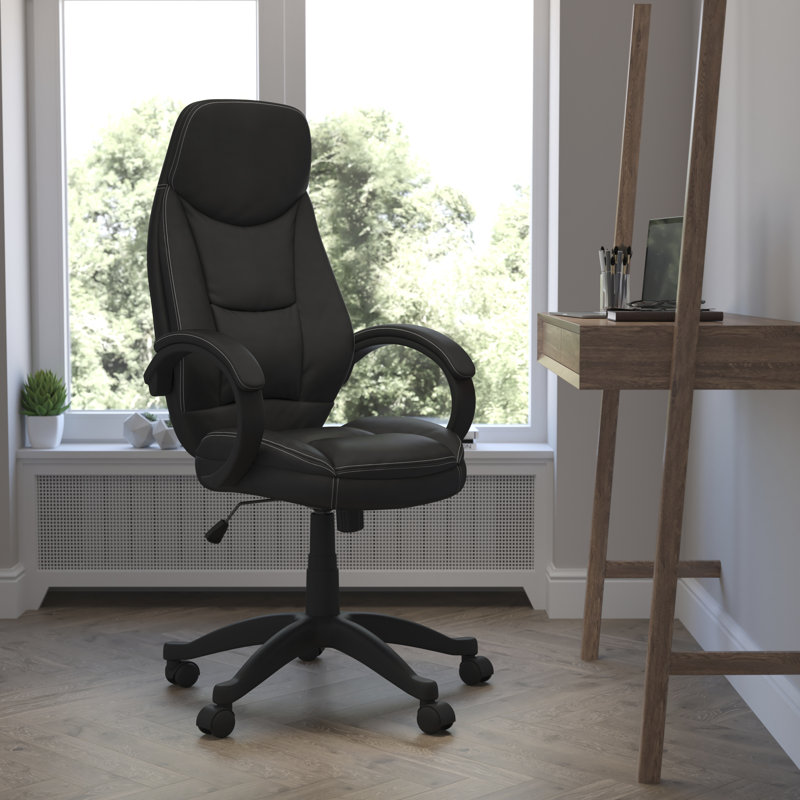 ErgoExecutive High Back Black LeatherSoft Swivel Chair with White Stitching