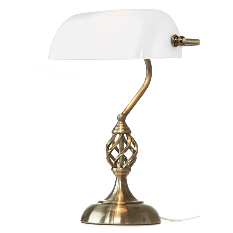 Bratton 40Cm Traditional Glass Bankers Antique Brass Lamp, White