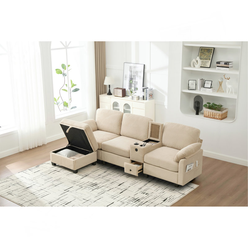 Canapé en velours côtelé multifonctionnel de type L: conception segmentée à 4 places avec porte-gobelet / USB / boîte de rangement, équipé d'une console mobile et d'un espace de rangement de style repose-pieds.