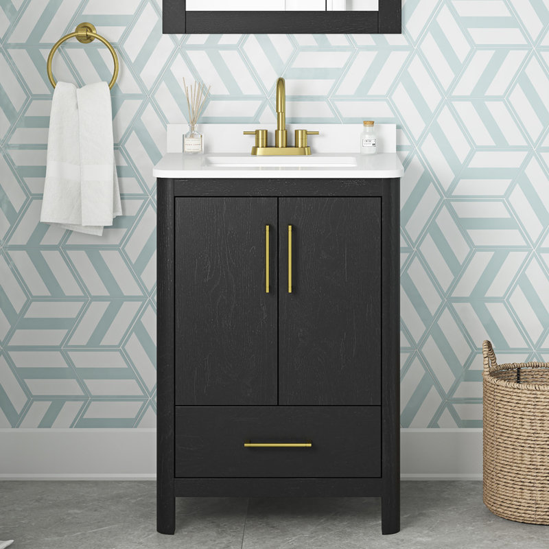  24 po Dario Meuble-lavabo autoportant noir mat avec lavabo simple, comptoir en marbre d'ingénierie et dosseret inclus, 24"