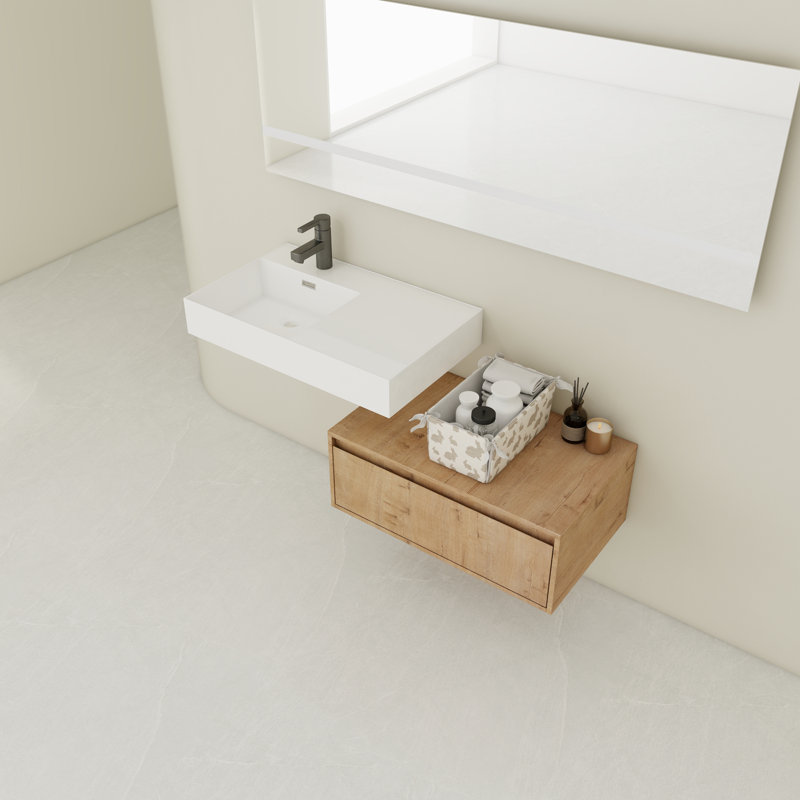 Meuble-lavabo mural élégant de 30 po avec lavabo en résine, tiroir à fermeture en douceur et fixation flottante pour les espaces modernes