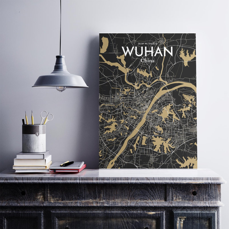 Carte de la ville de Whan, impression, Noir et or, H 27,6 po x l 19,7 po