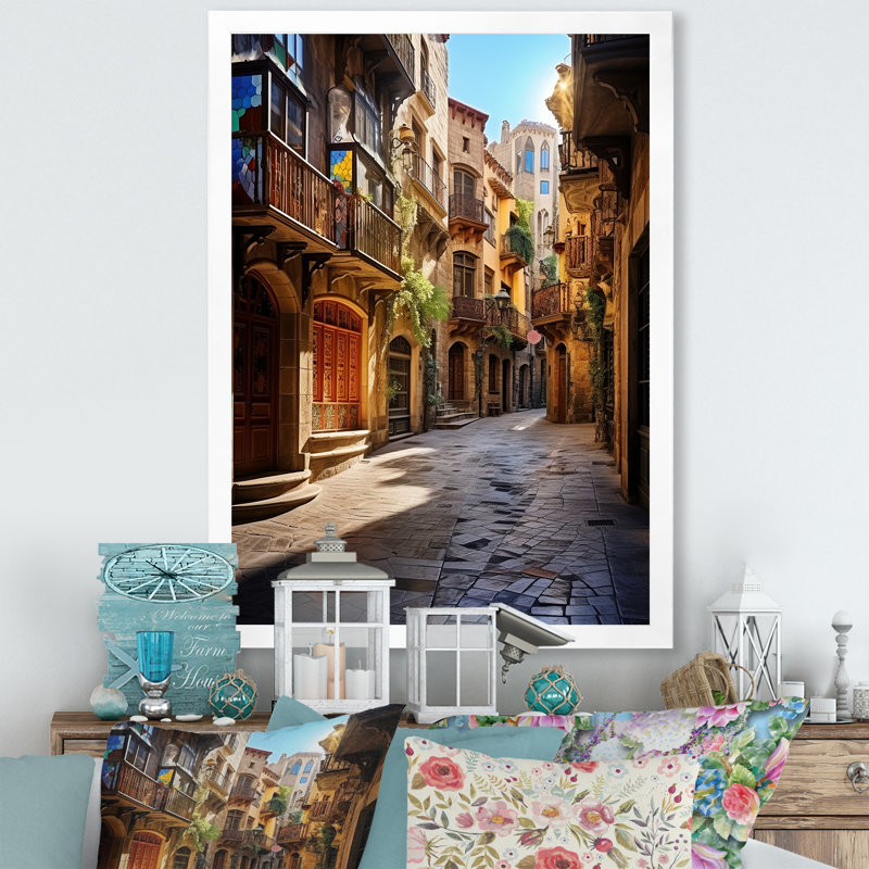 Espagne, quartier gothique de Barcelone, art mural sur toile Cityscapes, Cadre photo blanc, H 40 po x l 30 po x P 1,5 po