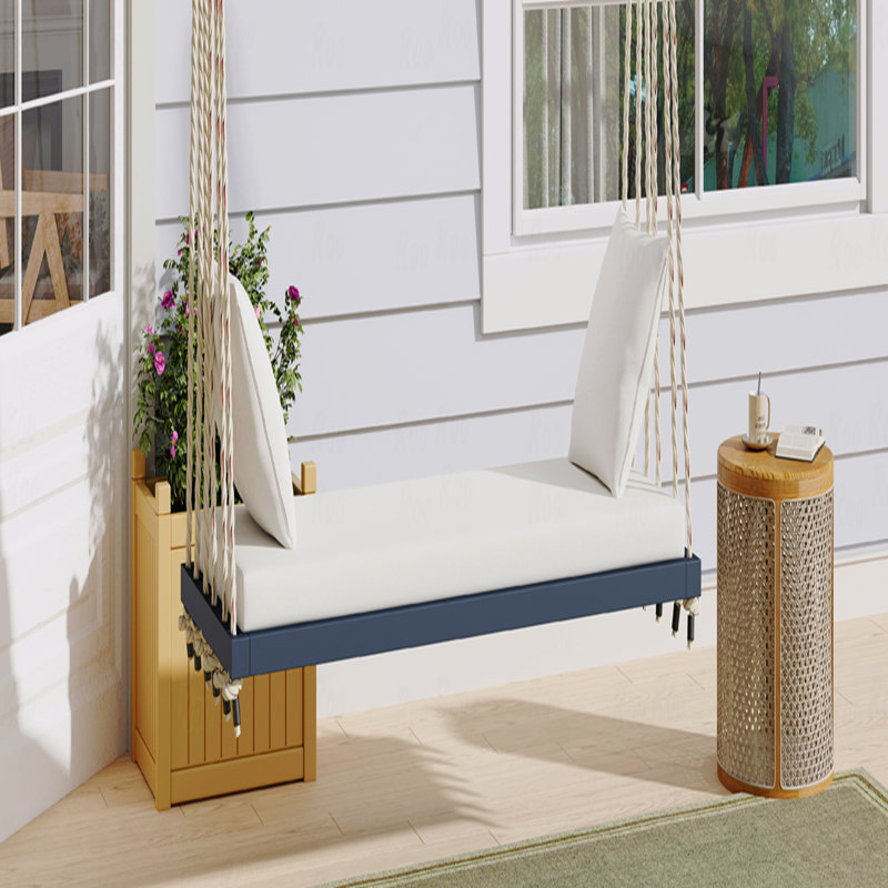 Outdoor Patio Wooden Swing Chair, Hanging Porch Swing Bench With Cushion And Pillows, 10.8Ft Hemp Ropes, Beige, Gray