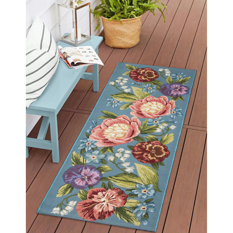 Andreane Floral Synthetic Non-Skid Kitchen Mat, Runner 1'11" x 4'11", Aqua/Blue