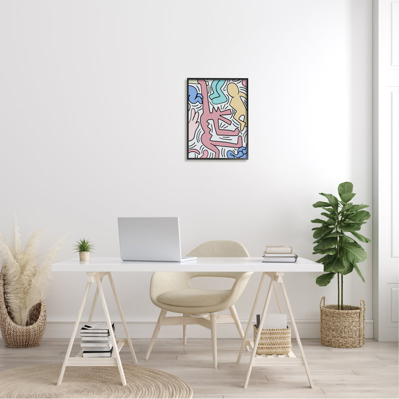 Pop Pop Pastel People Squiggle Lines Design, L 16 po x H 16 po, Giclée encadrée noir minuit