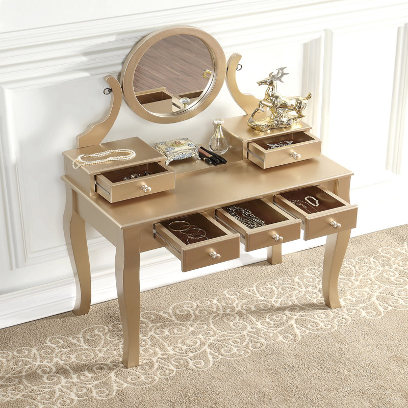 Ensemble coiffeuse et tabouret en bois, Doré