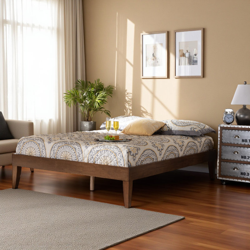 Rosey Queen Platform Bed Frame, Mid-Century Modern Style, Brown 14'' H X 61.49'' W X 81.45'' L, Queen