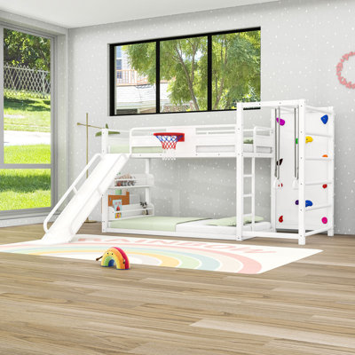 Metal Bunk Bed with Slide, Basketball Hoop, Pull-up Rings, Climbing Wall and Shelves