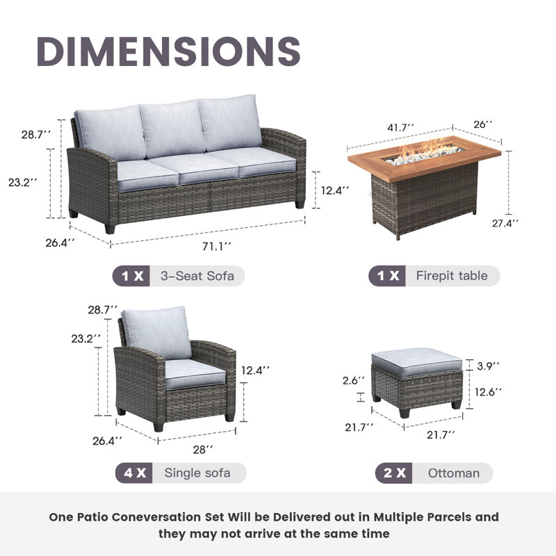Eldert 7-Person Outdoor Conversation Set with 3-seat Sofa, Sofa Chairs, Swivel Rocking Chairs, Rattan Firepit Table, and Ottomans
