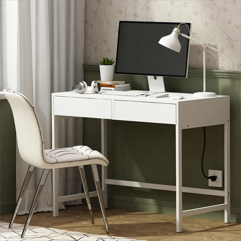Bureau de charge 40 po avec 2 prises et 2 ports USB - Bureau d'ordinateur / meuble-lavabo à 2 tiroirs pour bureau ou chambre à coucher