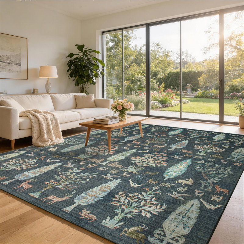 Tapis intérieur lavable à la machine 8 pi x 10 pi à motif abstrait à poils courts avec envers antidérapant vert foncé 8 pi x 10 pi