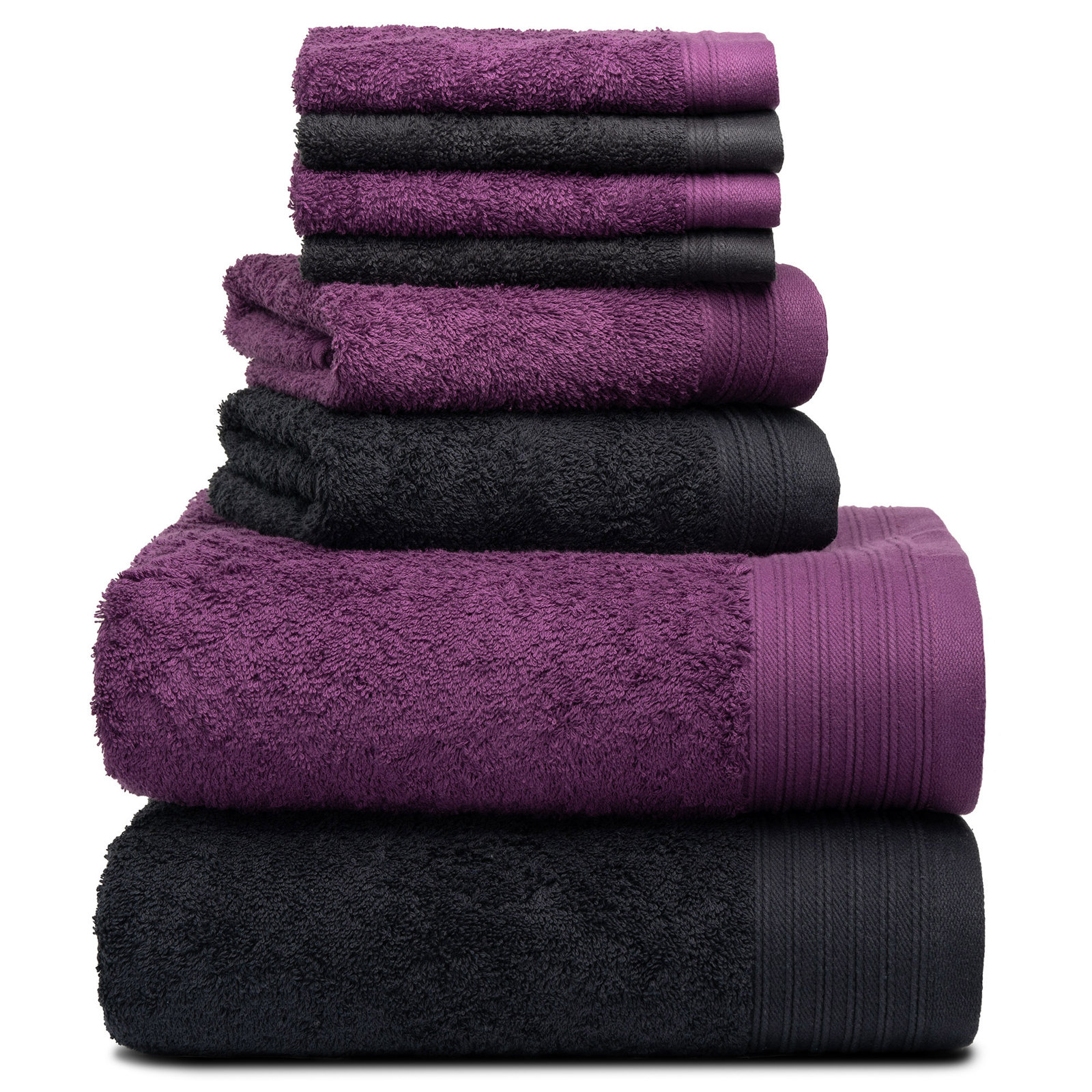 Doncia 8-Piece Cotton Towel Set, Black/Plum