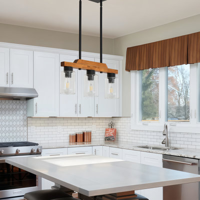 3-light Kitchen Island Pendant Light With Seeded Glass Shades - 19.69'' Dining Room Light Fixture Chandelier Over Table, Rustic Wood Farmhouse Chandelier Adjustable Height