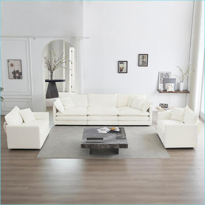 Sofas: Modern 3-Piece 1+1+3 Seats Living Room Set – 2 Accent Chairs + 3-Seat Sofa, Solid Wood Frame, Snow White Chenille | Snow White | Chenille